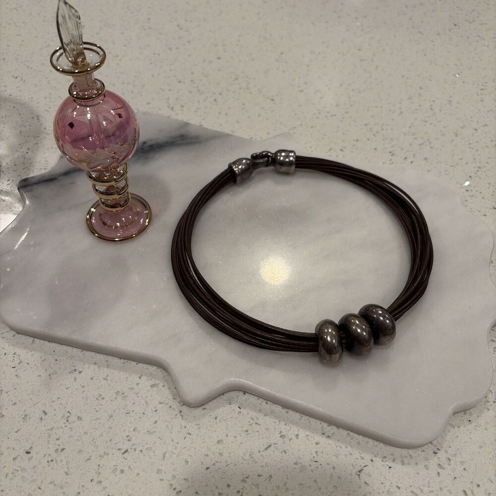Simon Sebbag 16" 3 Big Bead & Black Leather Strands Sterling Silver Necklace
